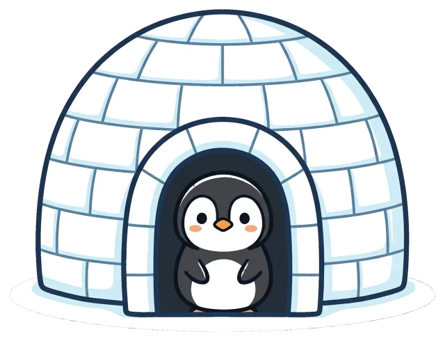Cute penguin standing inside an igloo entrance