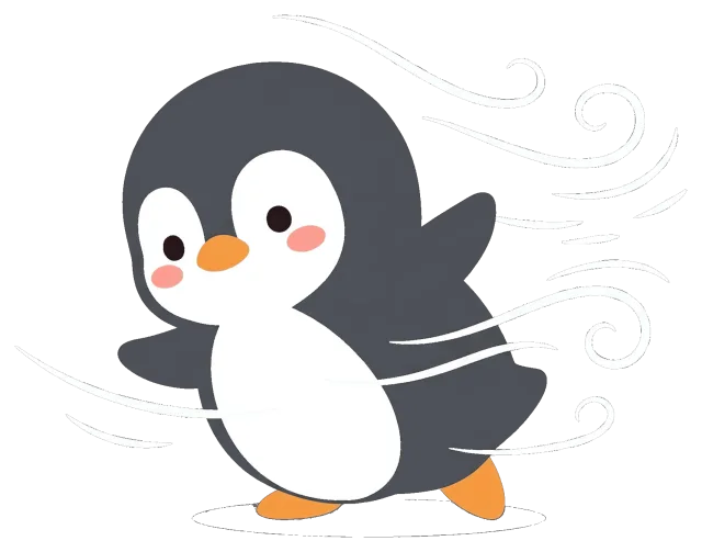 Cute penguin walking in the wind with swirls