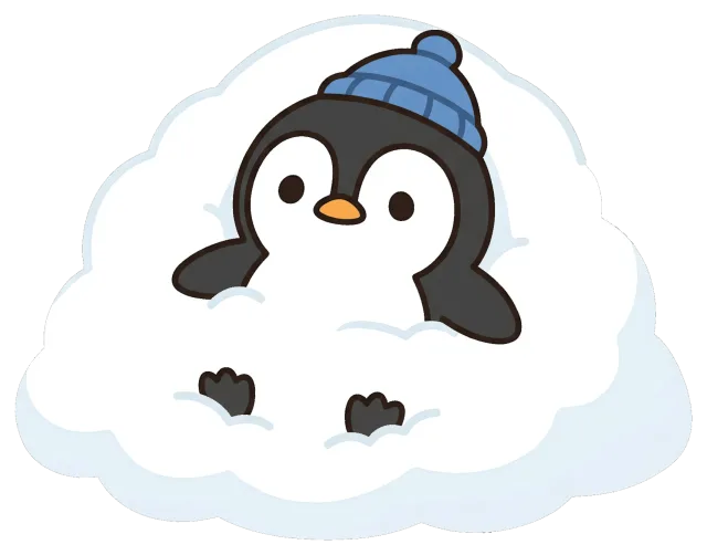 Cute penguin wearing blue hat sitting in snow