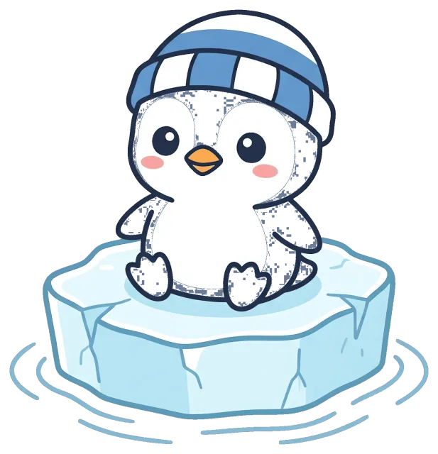 Cute penguin wearing blue hat sitting on ice floe