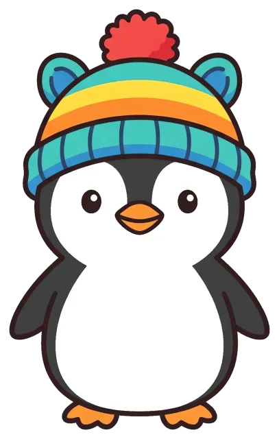 Cute penguin wearing colorful winter hat with pompom