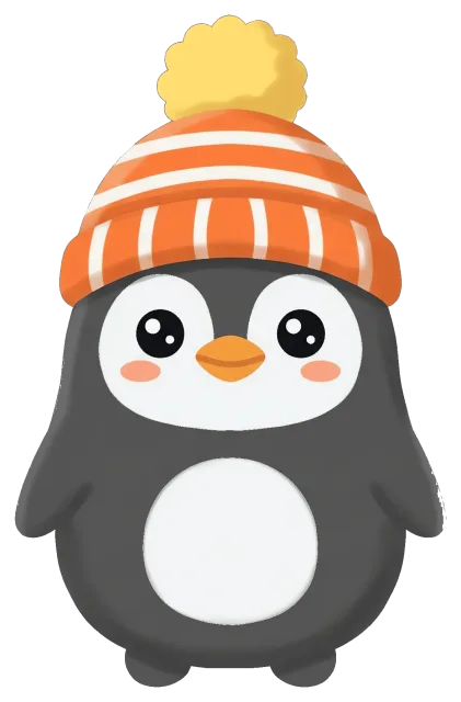 Cute penguin wearing orange striped winter hat with pompom