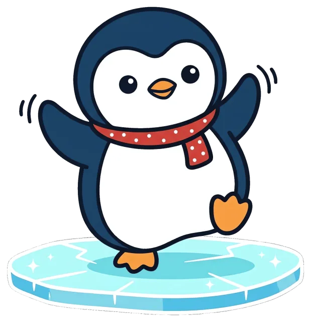 Cute penguin wearing red scarf standing on ice