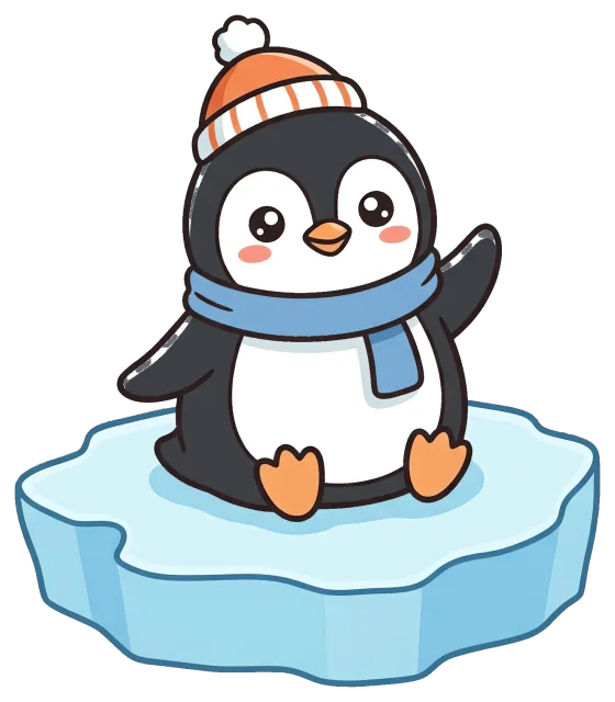 Cute penguin wearing winter hat and scarf on ice floe