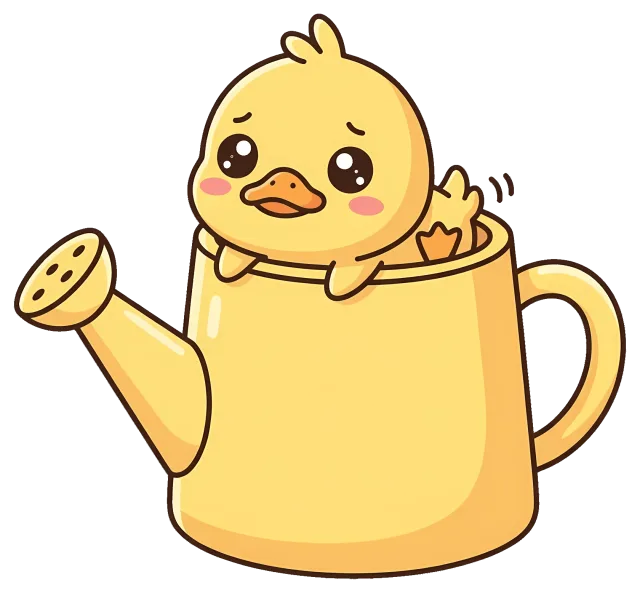 Cute sad chick sitting inside yellow watering can