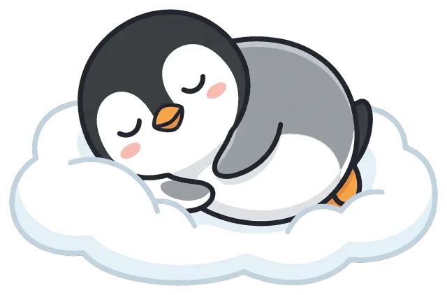 Cute sleeping penguin on a fluffy cloud
