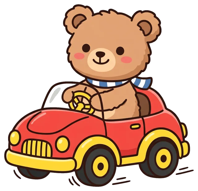 Cute teddy bear driving a red toy car