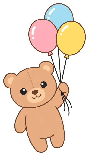 Cute teddy bear holding colorful balloons