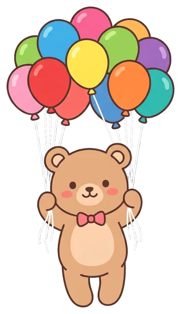 Cute teddy bear holding colorful balloons