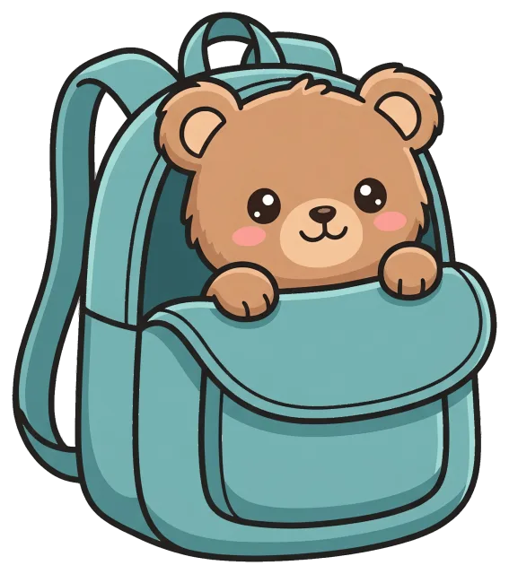 Cute teddy bear peeking out of blue backpack pocket