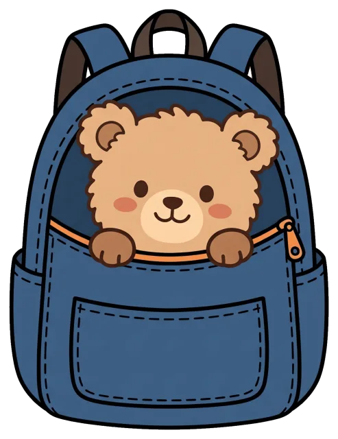 Cute teddy bear peeking out of blue backpack pocket