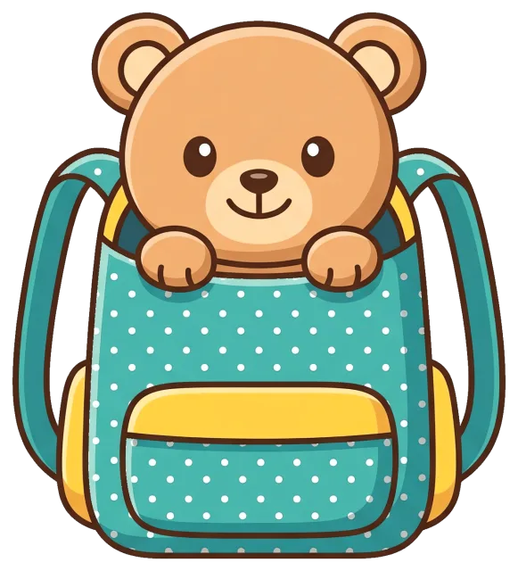 Cute teddy bear peeking out of polka dot backpack