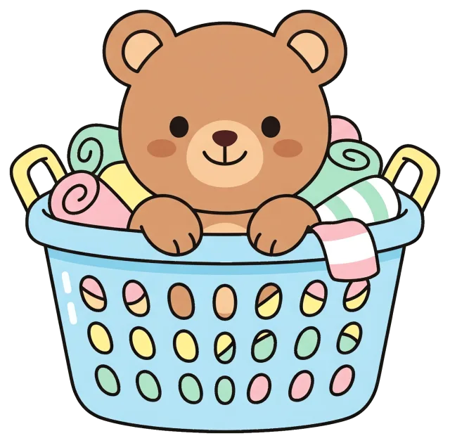 Cute teddy bear sitting in laundry basket with towels