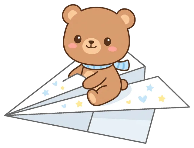 Cute teddy bear sitting on decorated paper airplane