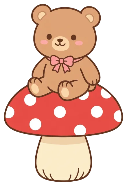 Cute teddy bear sitting on red mushroom with white spots