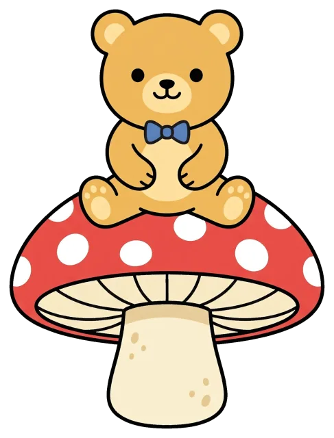 Cute teddy bear sitting on red spotted mushroom