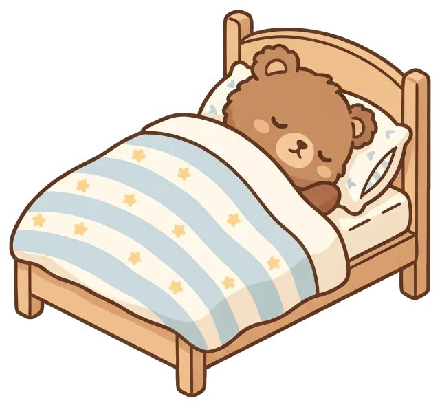 Cute teddy bear sleeping in bed with star blanket