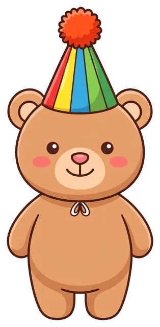 Cute teddy bear wearing colorful party hat