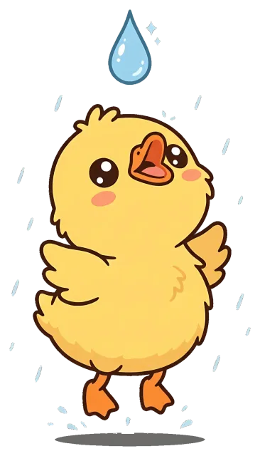 Cute yellow chick looking up at a falling water droplet