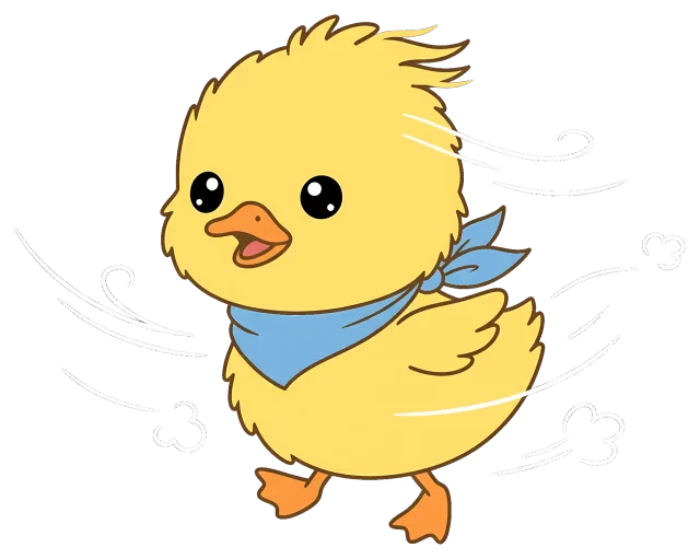 Cute yellow chick wearing blue scarf in windy weather