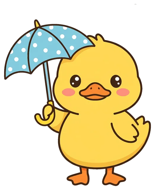 Cute yellow duck holding blue polka dot umbrella