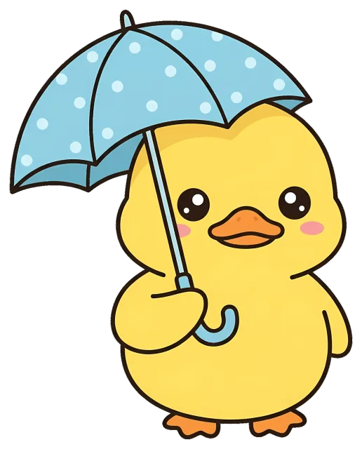Cute yellow duck holding blue polka dot umbrella