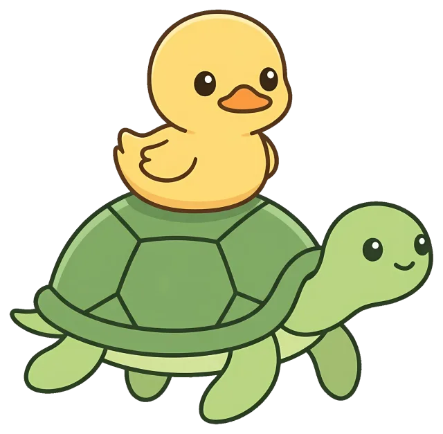 Cute yellow duck sitting on a smiling green turtle