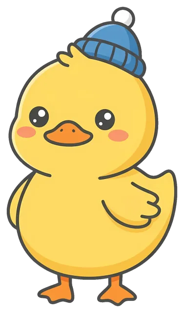 Cute yellow duck wearing blue winter hat