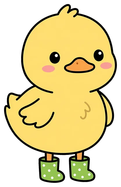 Cute yellow duck wearing green polka dot rain boots