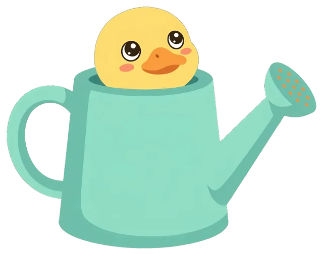 Cute yellow duckling inside a blue watering can