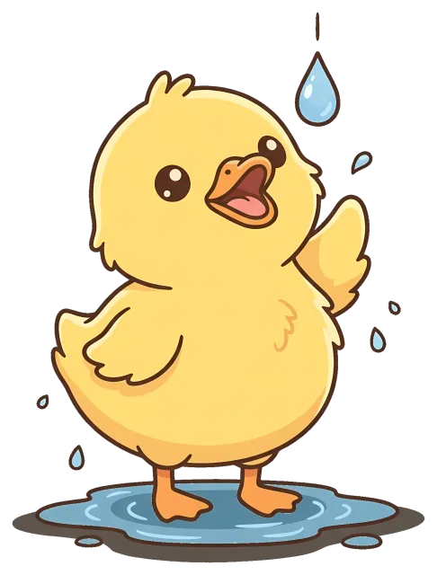 Cute yellow duckling playing in water drops