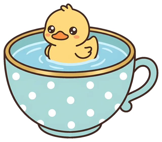 Cute yellow duckling sitting in a blue polka dot teacup