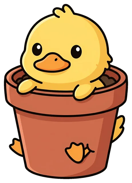 Cute yellow duckling sitting inside a flower pot