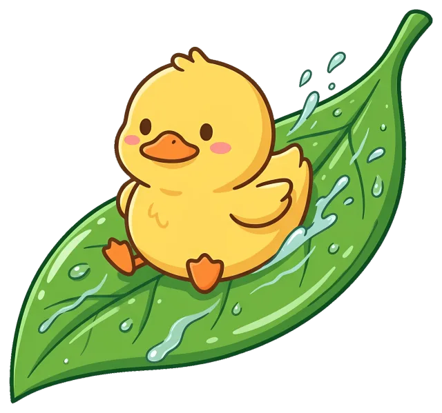 Cute yellow duckling sitting on a wet green leaf
