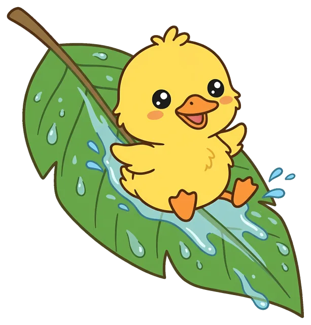 Cute yellow duckling sliding on a wet green leaf