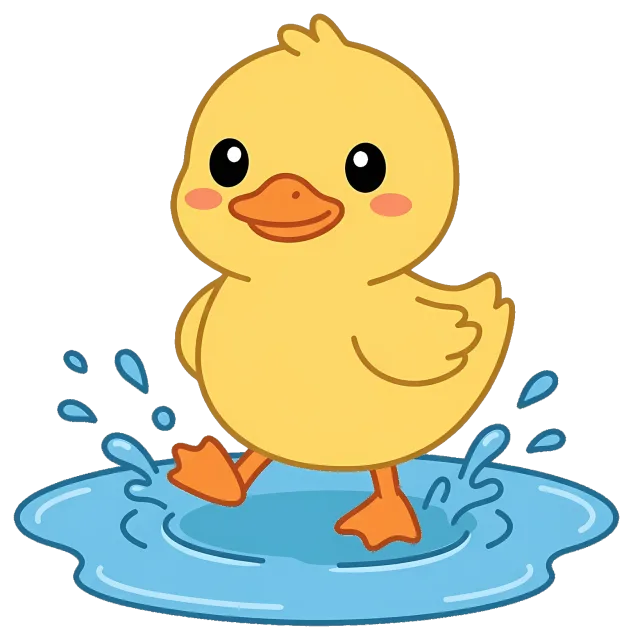 Cute yellow duckling splashing in a water puddle