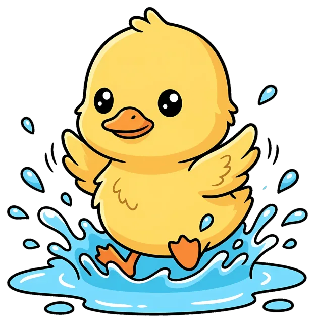 Cute yellow duckling splashing in water