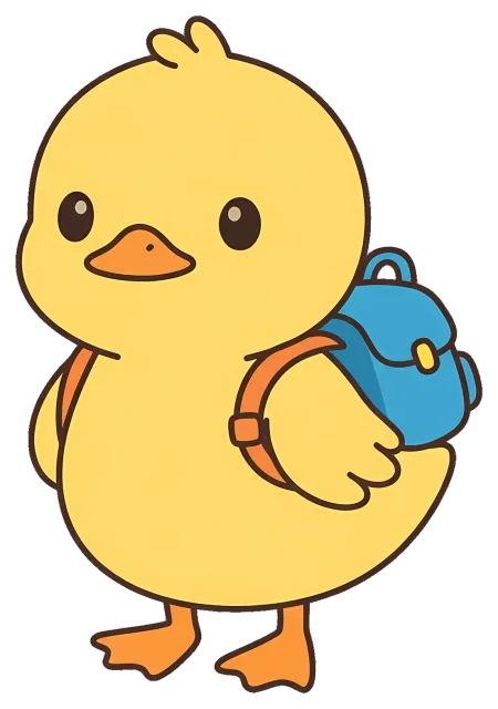 Cute yellow duckling wearing a blue backpack