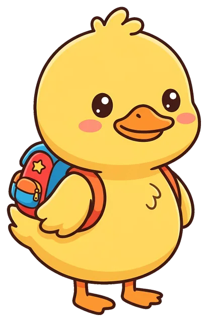Cute yellow duckling with a colorful backpack