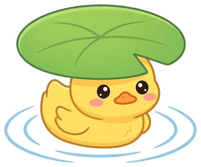 Cute yellow duckling with lily pad on head in water