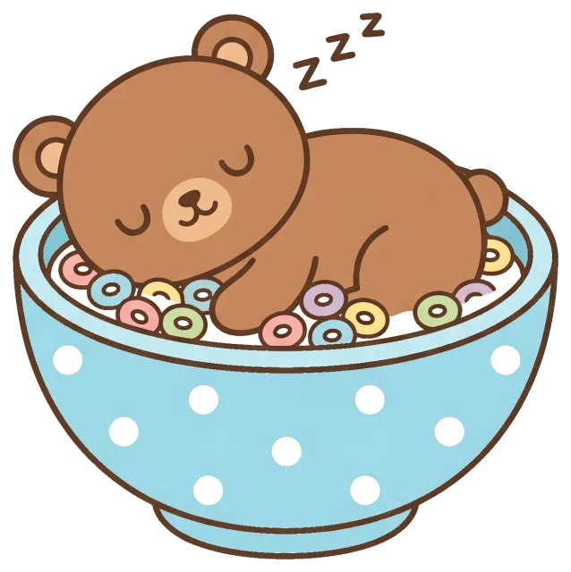 Sleeping bear cub in a bowl of colorful cereal