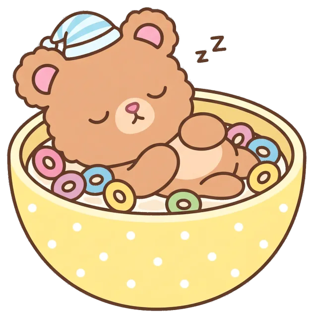 Sleeping bear cub in a bowl of colorful cereal