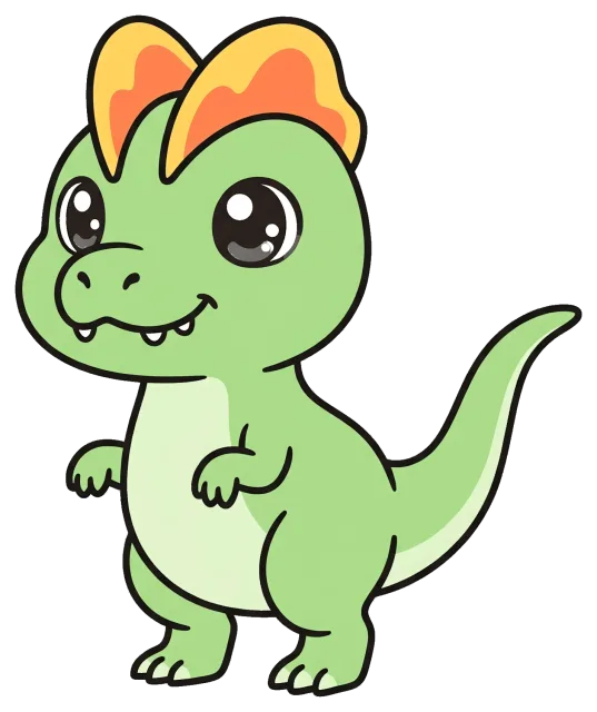 Cute cartoon Dilophosaurus with big eyes and orange crests