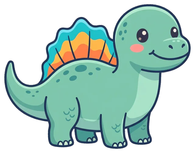Cute cartoon Spinosaurus with colorful sail and smiling face