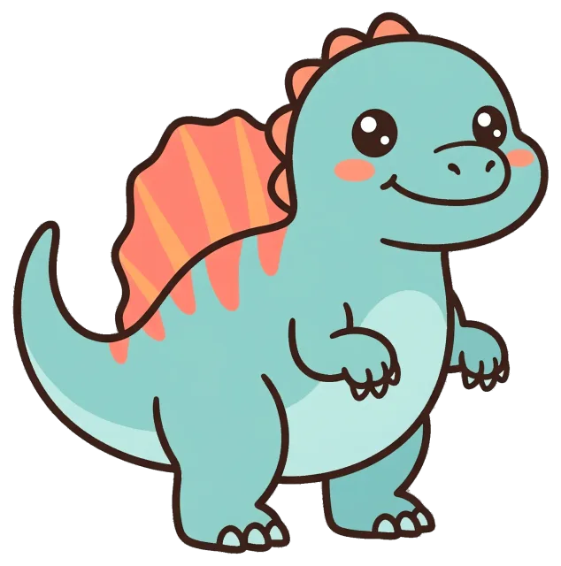 Cute cartoon Spinosaurus with orange sail and big eyes