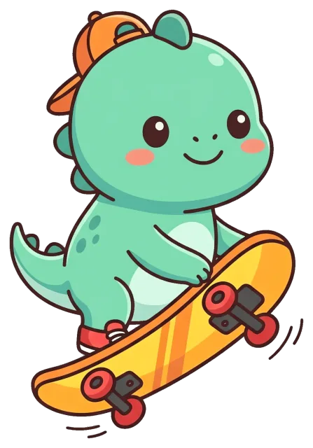 Cute dinosaur skateboarding with orange cap