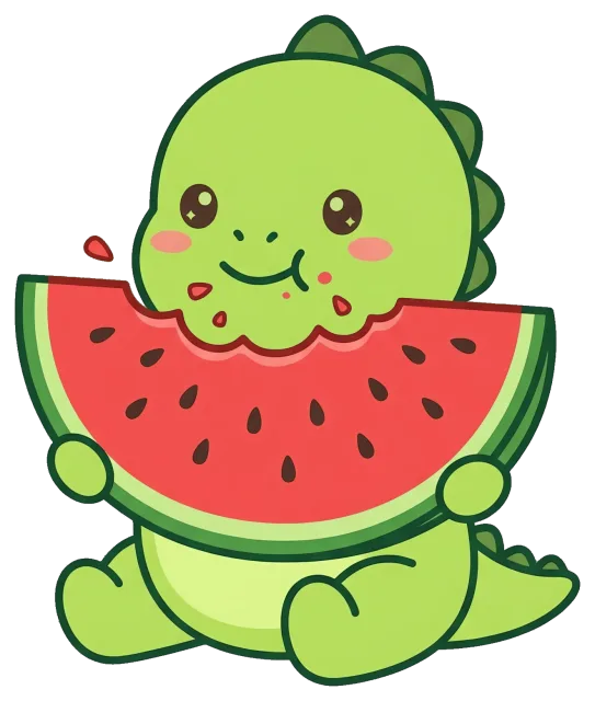 Cute green dinosaur eating a large watermelon slice