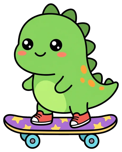 Cute green dinosaur riding a skateboard with red shoes