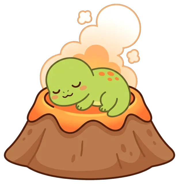 Cute green dinosaur sleeping on a steaming volcano