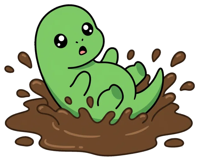 Cute green dinosaur splashing in mud